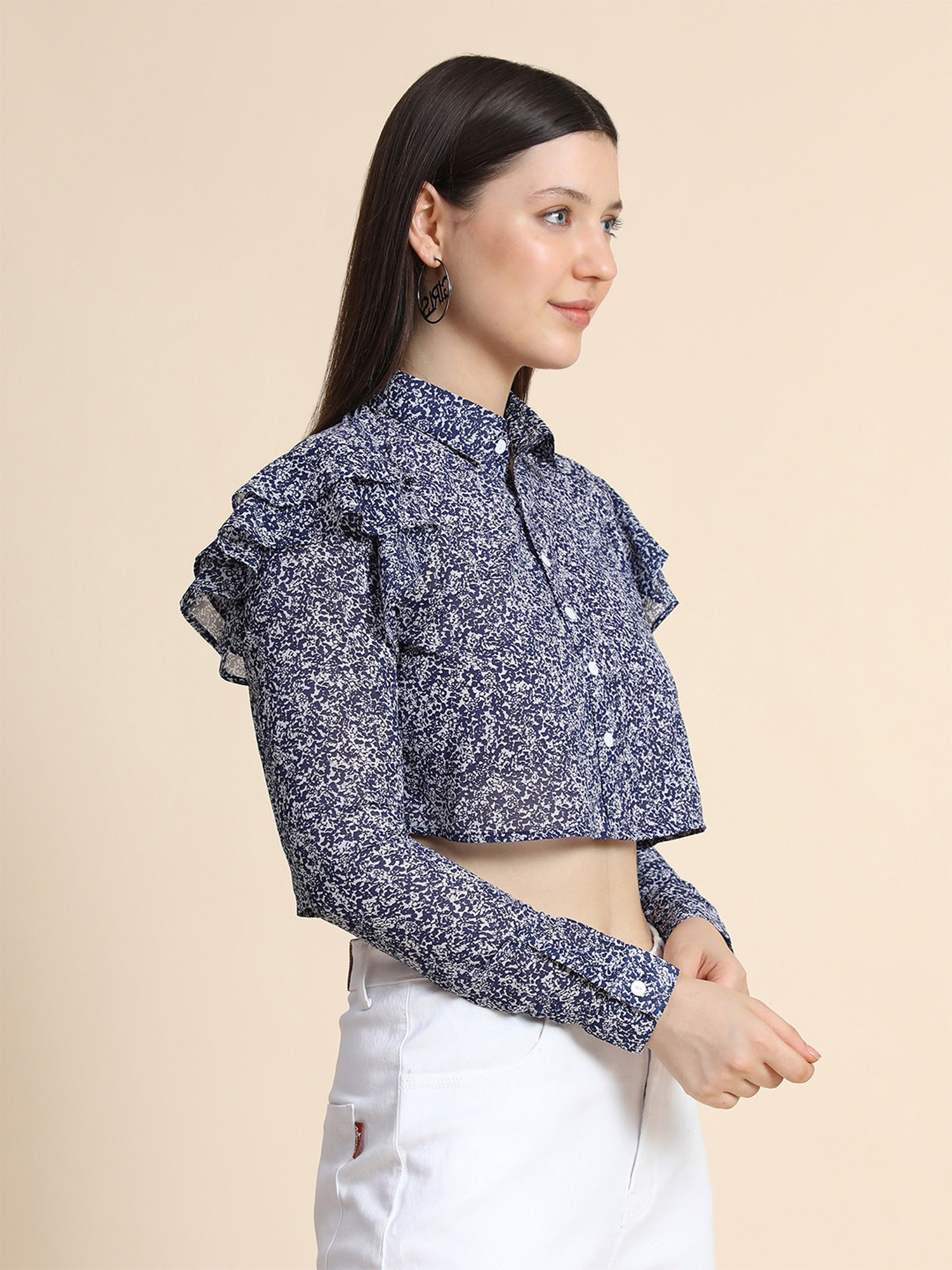 KERI PERRY White & Navy Printed Crop Top