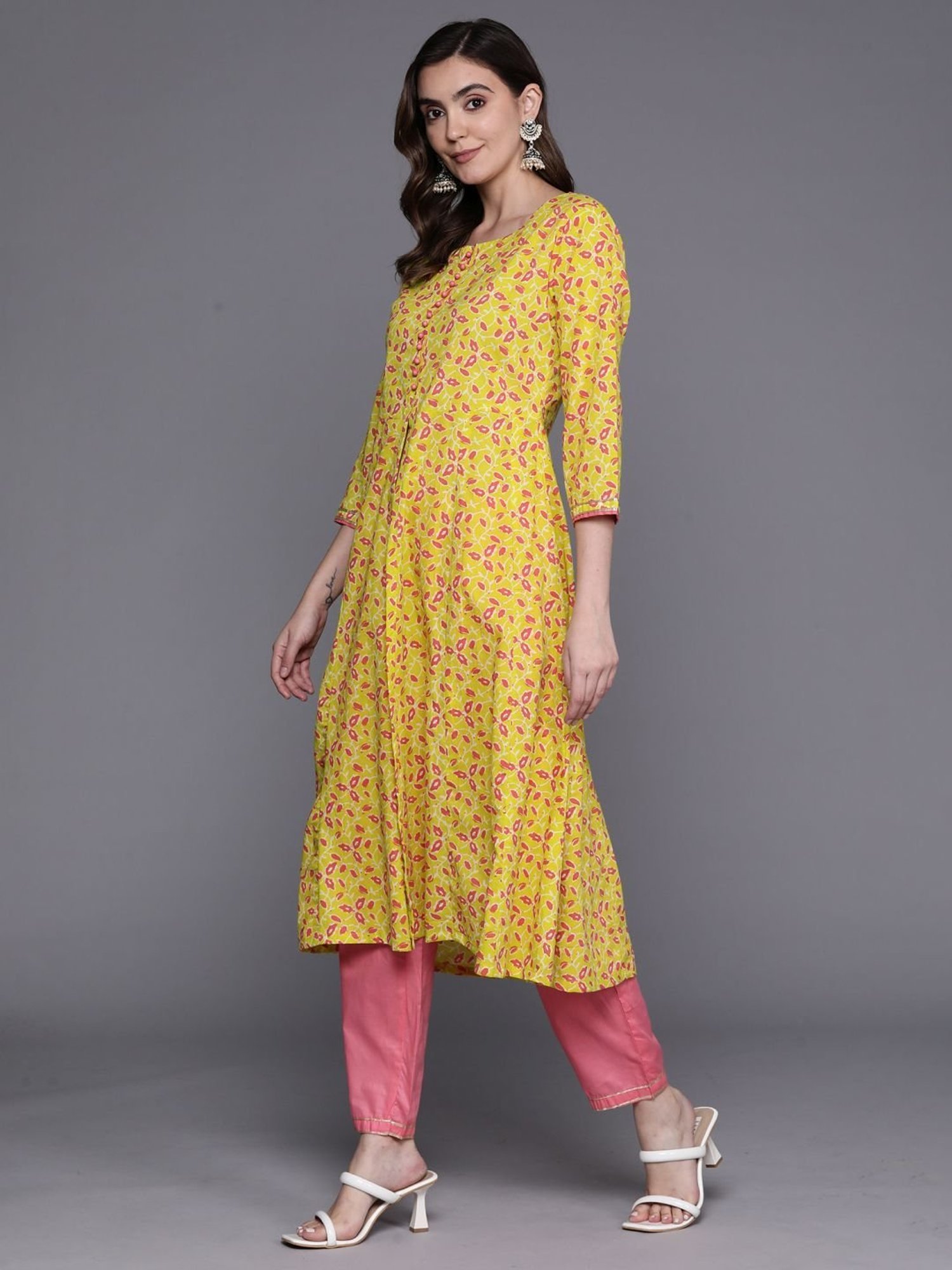 Indo Era Yellow & Pink Cotton Printed Kurta Pant Set