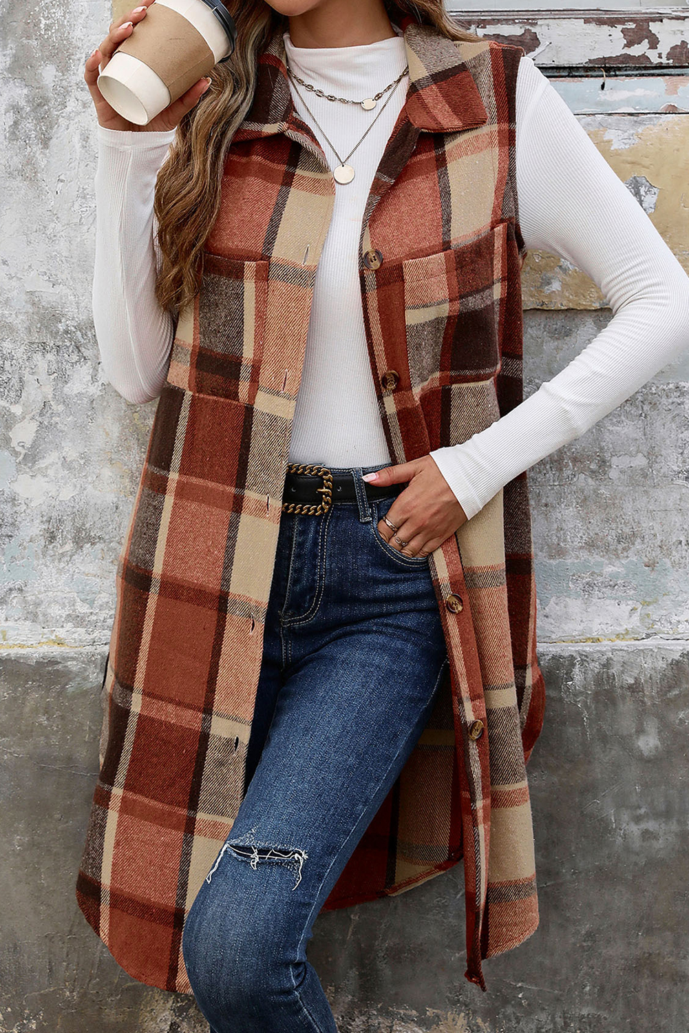 Brown Plaid Button Up Long Sleeve Flannel Shacket
