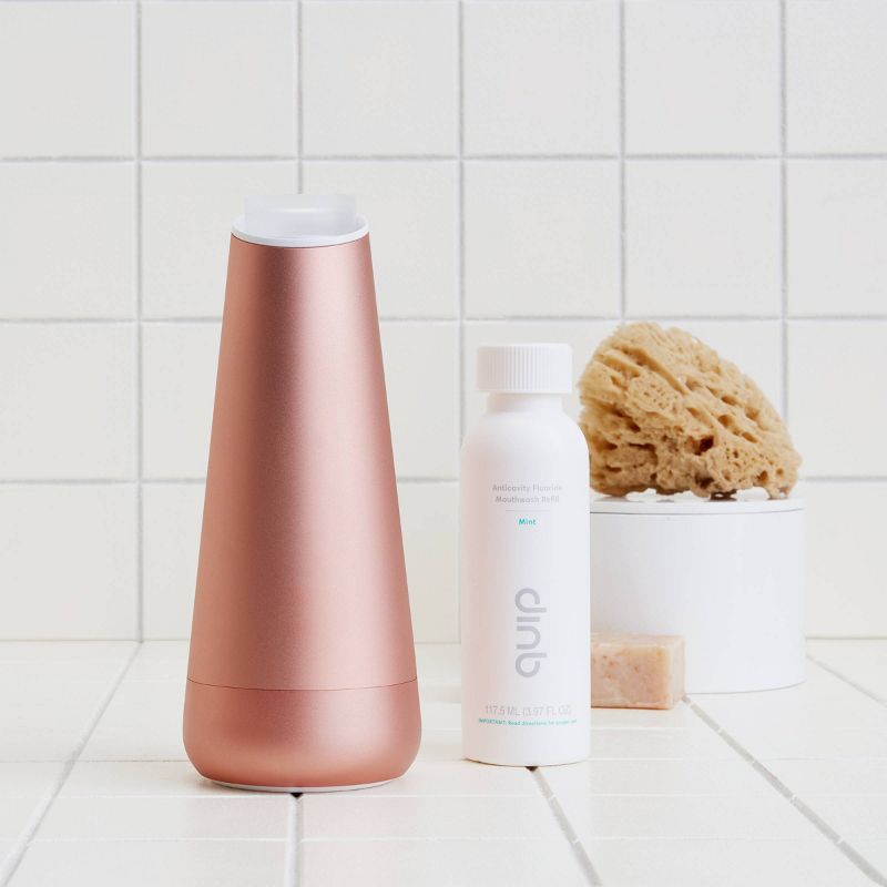 quip Plastic Refillable Mouthwash Starter Kit - Reusable Dispenser + Cup - 45-Use / 4x Concentrate / Mint Anticavity Fluoride Refill Included - White