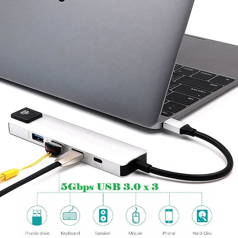 Gigabit Ethernet Card Type-C 3 USB3.0 + USB-C Female PD Charging HUB Aluminum Alloy, 5 in 1 USB-C HUB with 1000Mbps LAN PD 2 x USB 3.0 Ports, Type-C to RJ45 PD USB Dock.