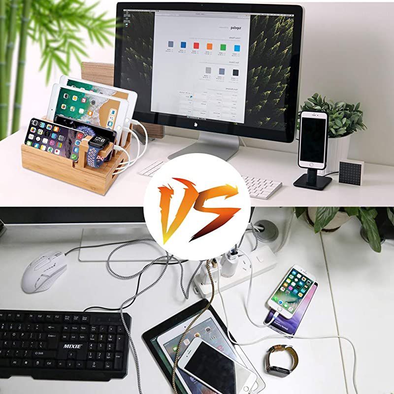 Charging Station OrganizerFast Charging Station for Multiple Device 5Port USB Bamboo Wood Charging DockUniversal Apple Watch Phone Pad and Android Like Samsung Cell Phones amp Tablets