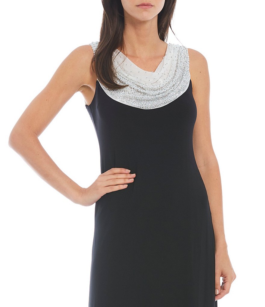 R & M Richards Sleeveless Caviar Bead Cowl Neck Shift Gown