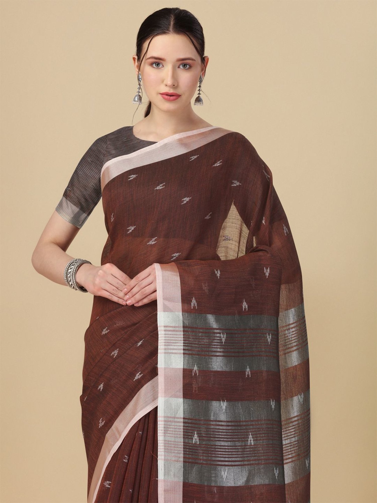 Elora Brown Linen Woven Saree With Unstitched Blouse