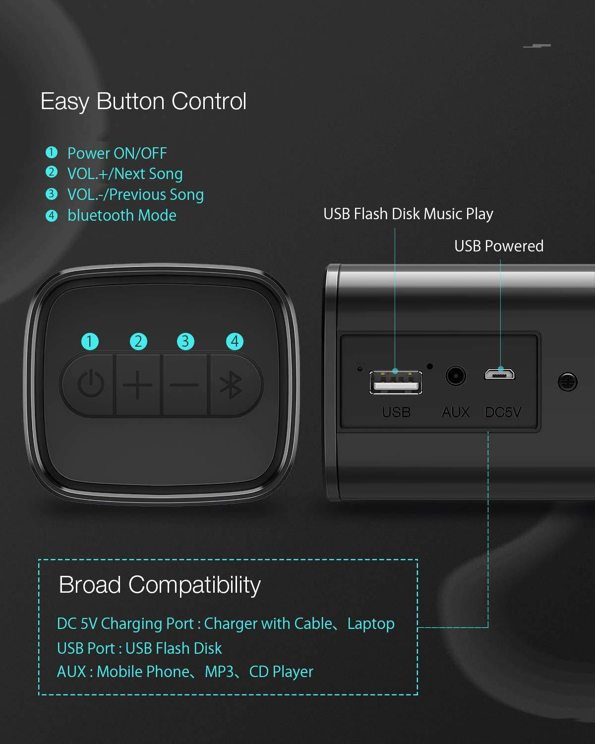 Sound Bar, BlitzWolf Bluetooth Soundbar 2200mAh Home Speaker, 16 inch Theater 10W Stereo Sound 2.0 Channel USB Flash Disk for Laptop/PC/Phones/Tablets(Upgrade Design)