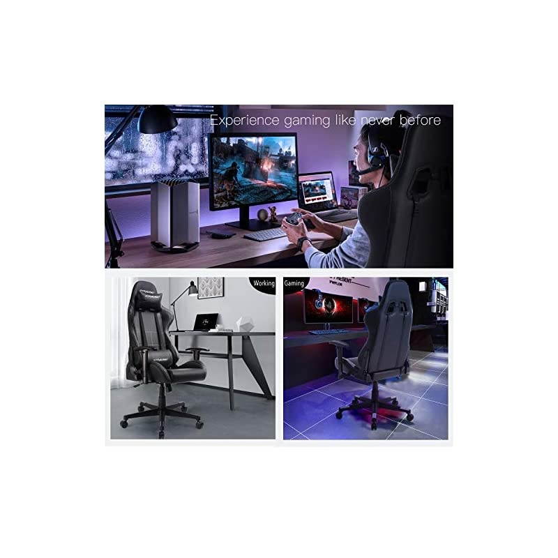 Gaming Chair Ergonomic Racing Desk Chair PU Leather High-Back Adjustable Professional E-Sports Chair with Headrest and Lumbar Pillows GTBee Series (Black)