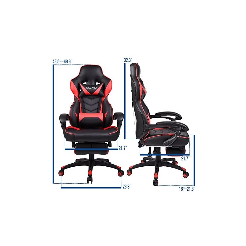 Gaming Chair Racing Office - PU Leather High Back Ergonomic 170 Degree Adjustable Swivel Executive Computer Desk Task Large Size with Footrest,Headrest and Lumbar Support (Red)