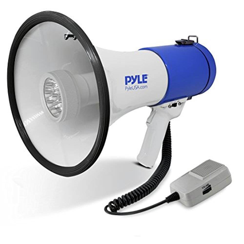 Pyle Portable Compact PA Megaphone Speaker w/ LED Flashlight, Alarm Siren, Adjustable Volume, 50W Handheld Lightweight Bullhorn w/ Detachable Mic, Battery Powered, For Indoor Outdoor Use (PMP51LT)