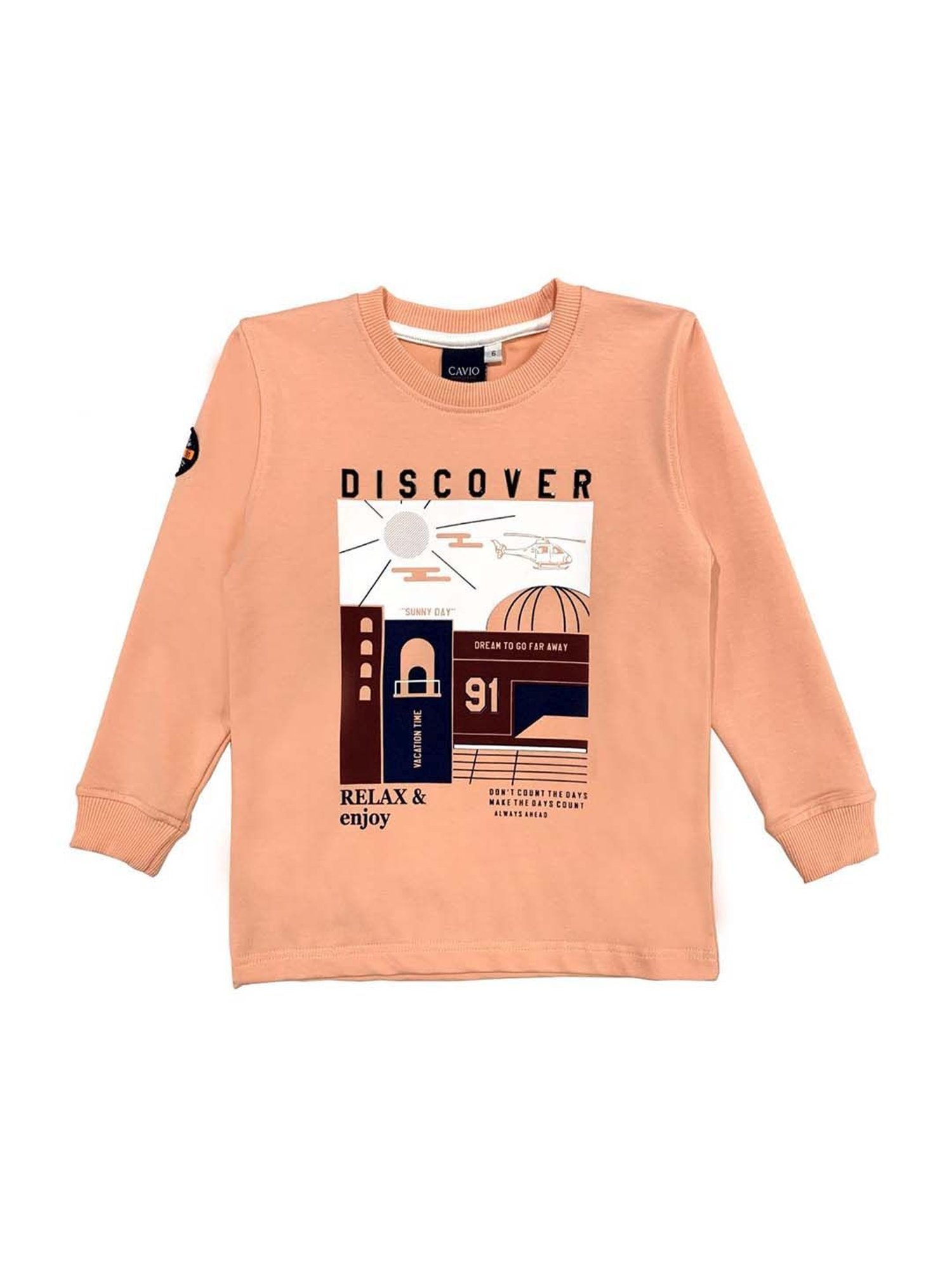 Cavio Kids Peach Printed Full Sleeves T-Shirt