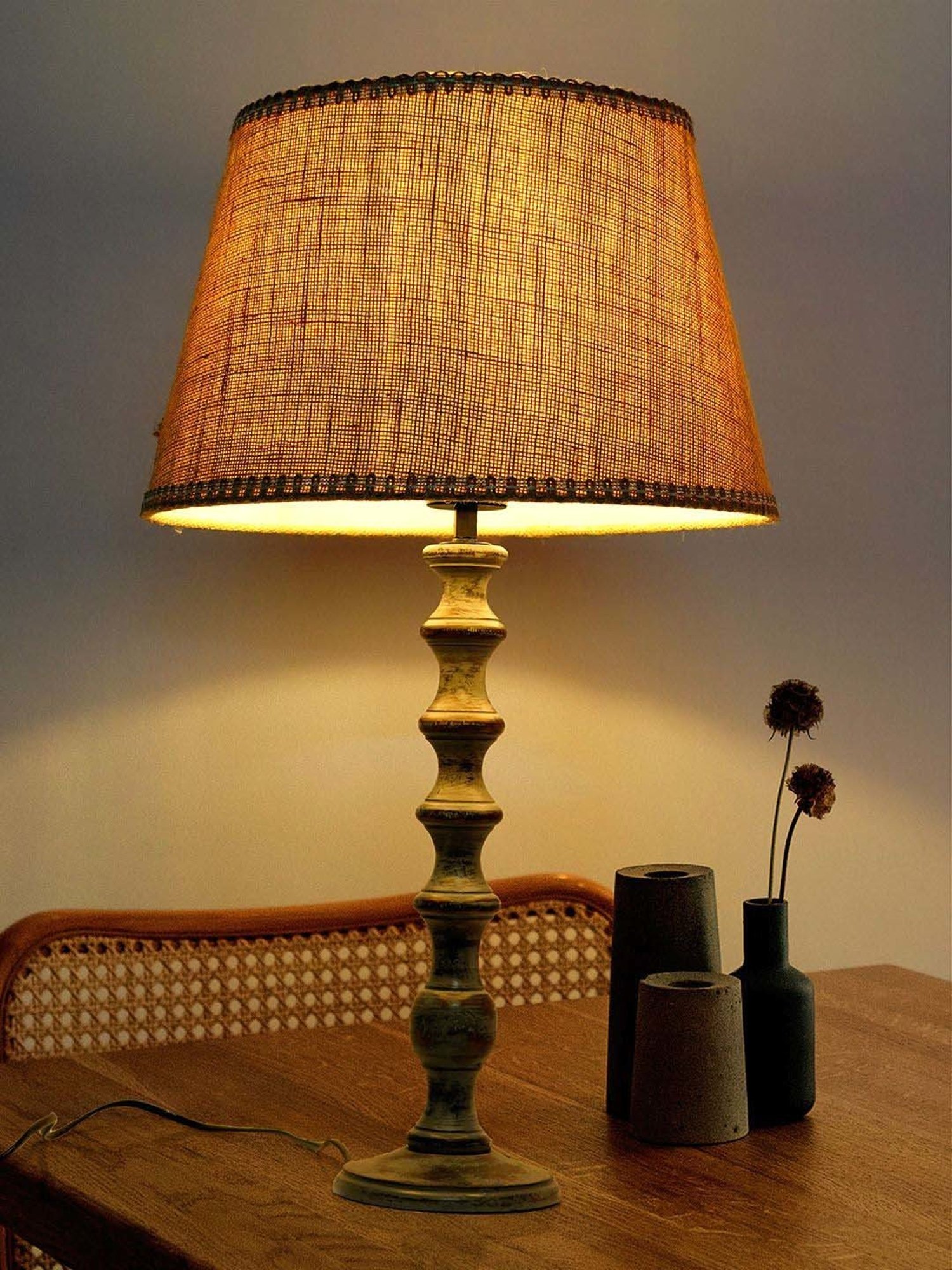 FOS LIGHTING Yellow & Grey Wood Table Lamp With Jute Shade