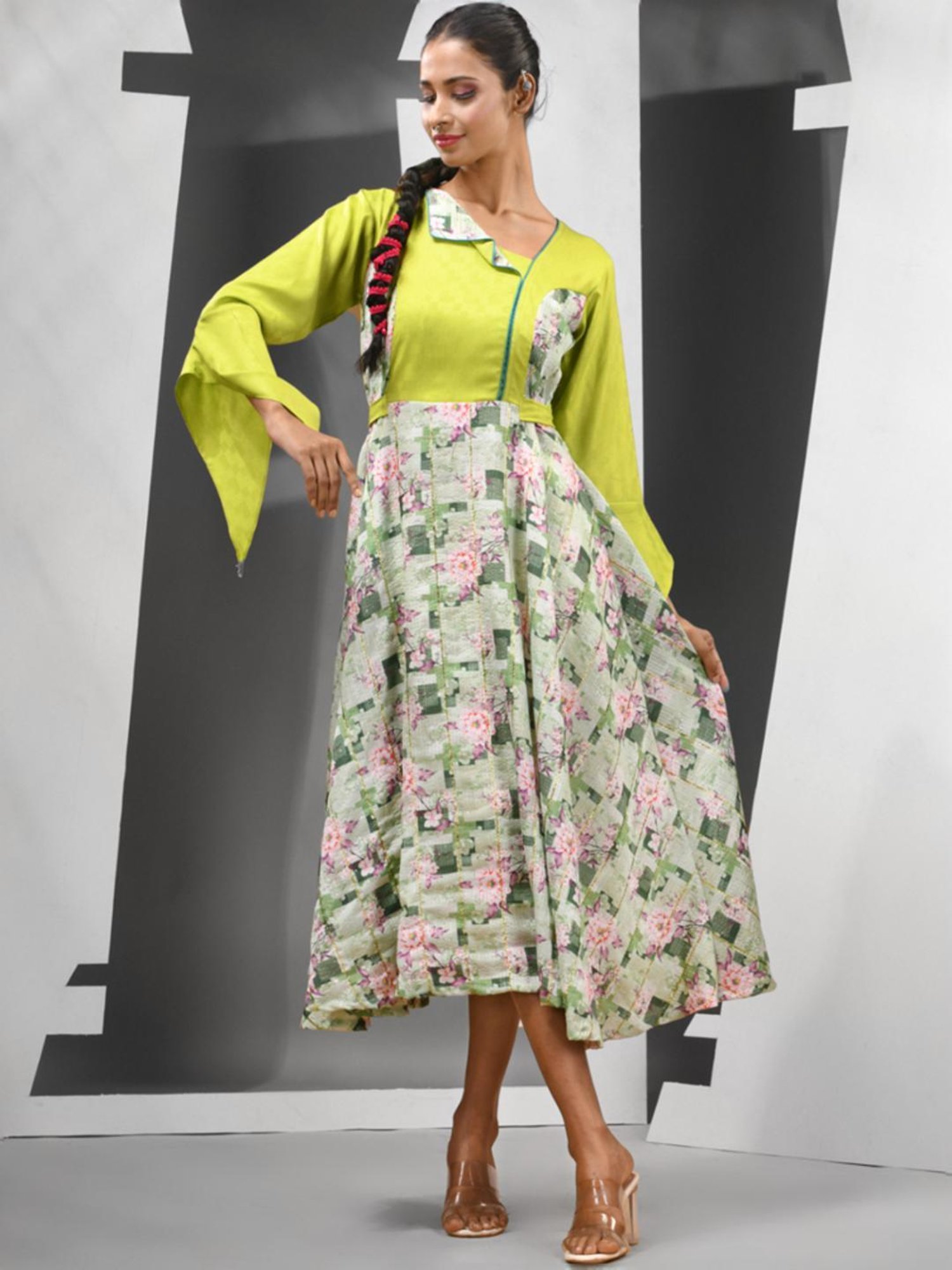 Charukriti Lime Green Floral Print A-Line Dress