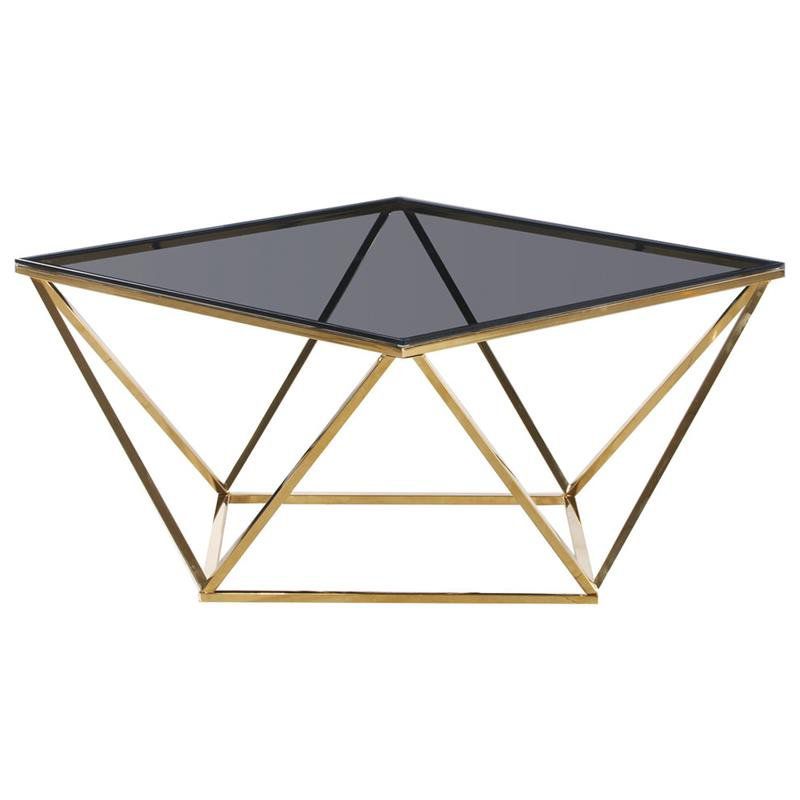 Angled Square Glass and Stainless Steel Coffee Table in Smoked/Gold - Best Master Furniture