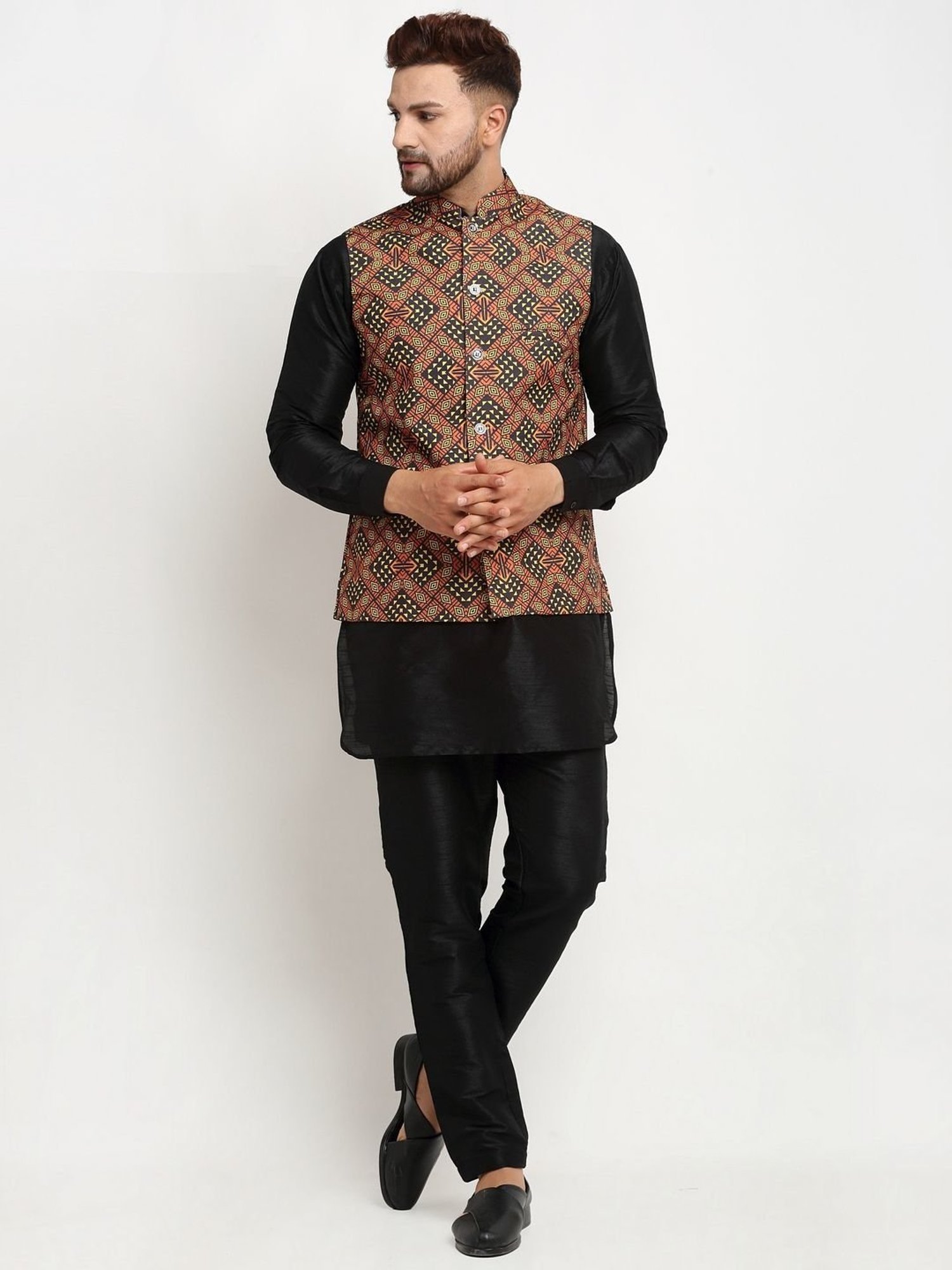 Benstoke Brown Regular Fit Chevron Kurta Set With Jacket