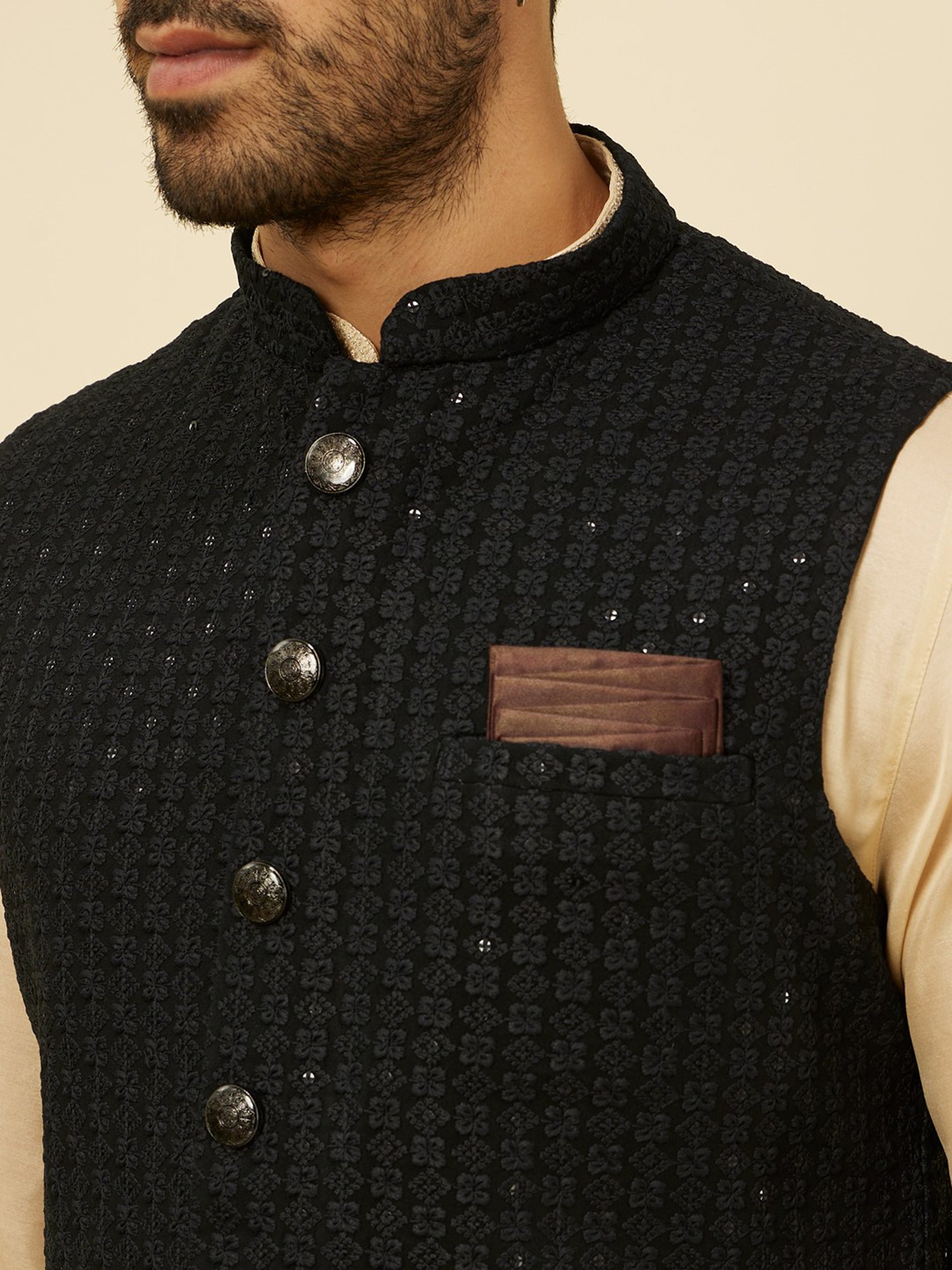 Manyavar Black Regular Fit Embroidered Nehru Jacket