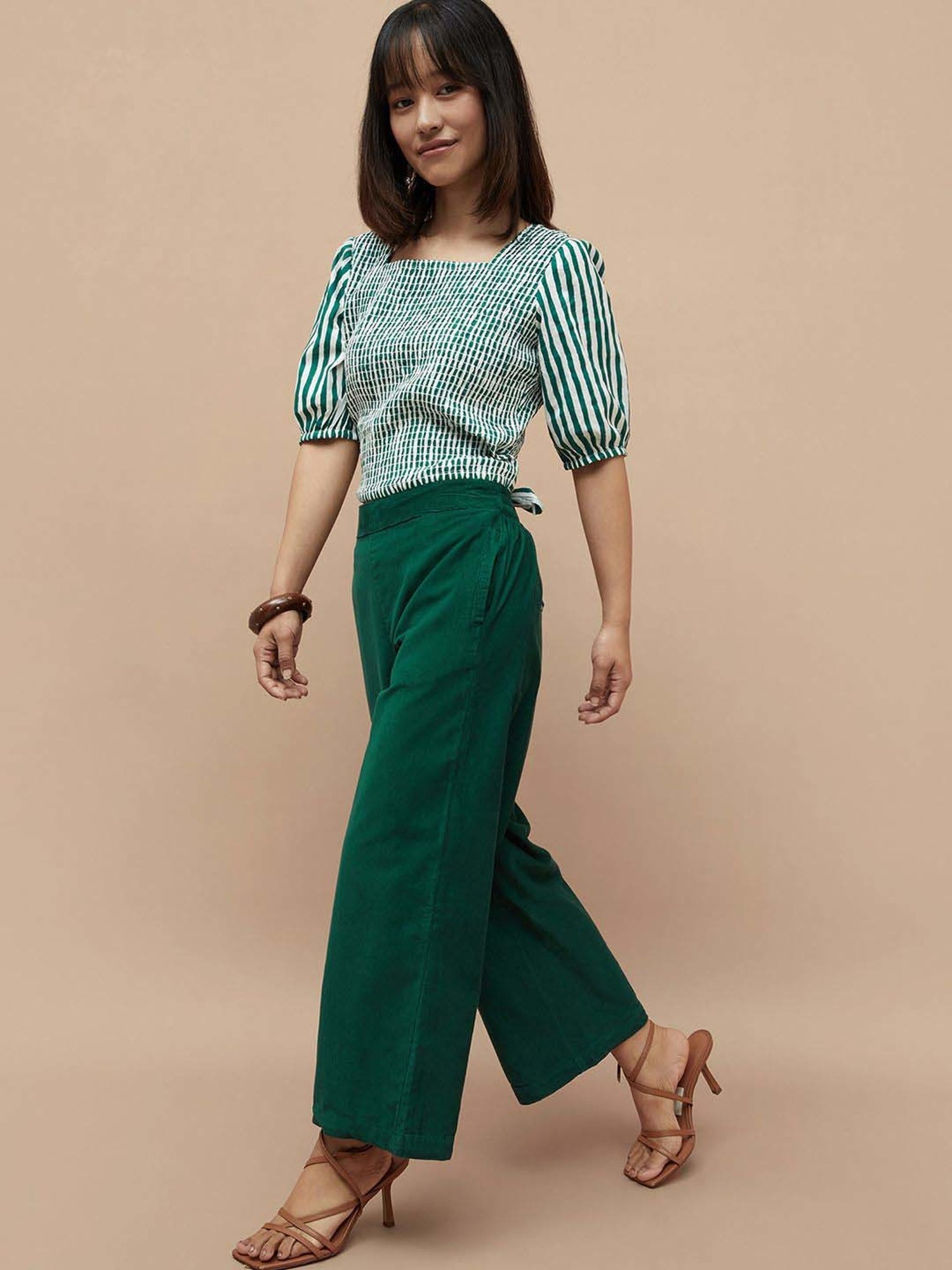 Colour Me by Melange Green Cotton Mid Rise Pants