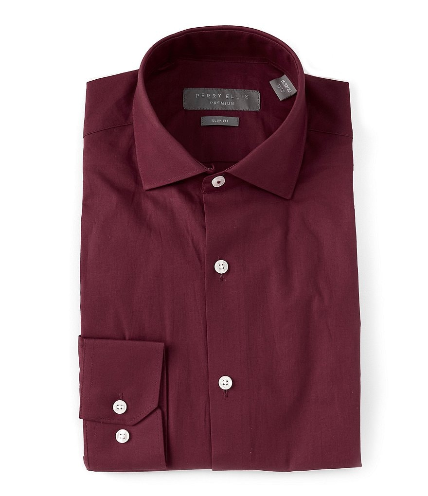 Perry Ellis Non-Iron Slim Fit Spread Collar Solid Plumberry Dress Shirt
