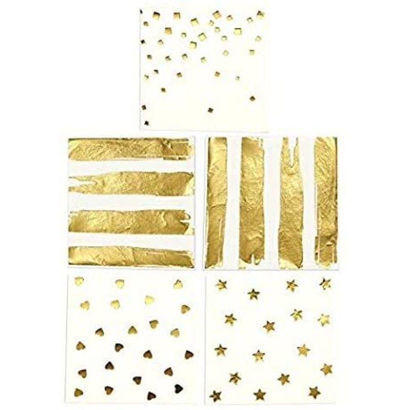 Blue Panda 100 Pack Gold Disposable Paper Napkins 5 Assorted Designs Baby Shower Party Supplies, 5x5"