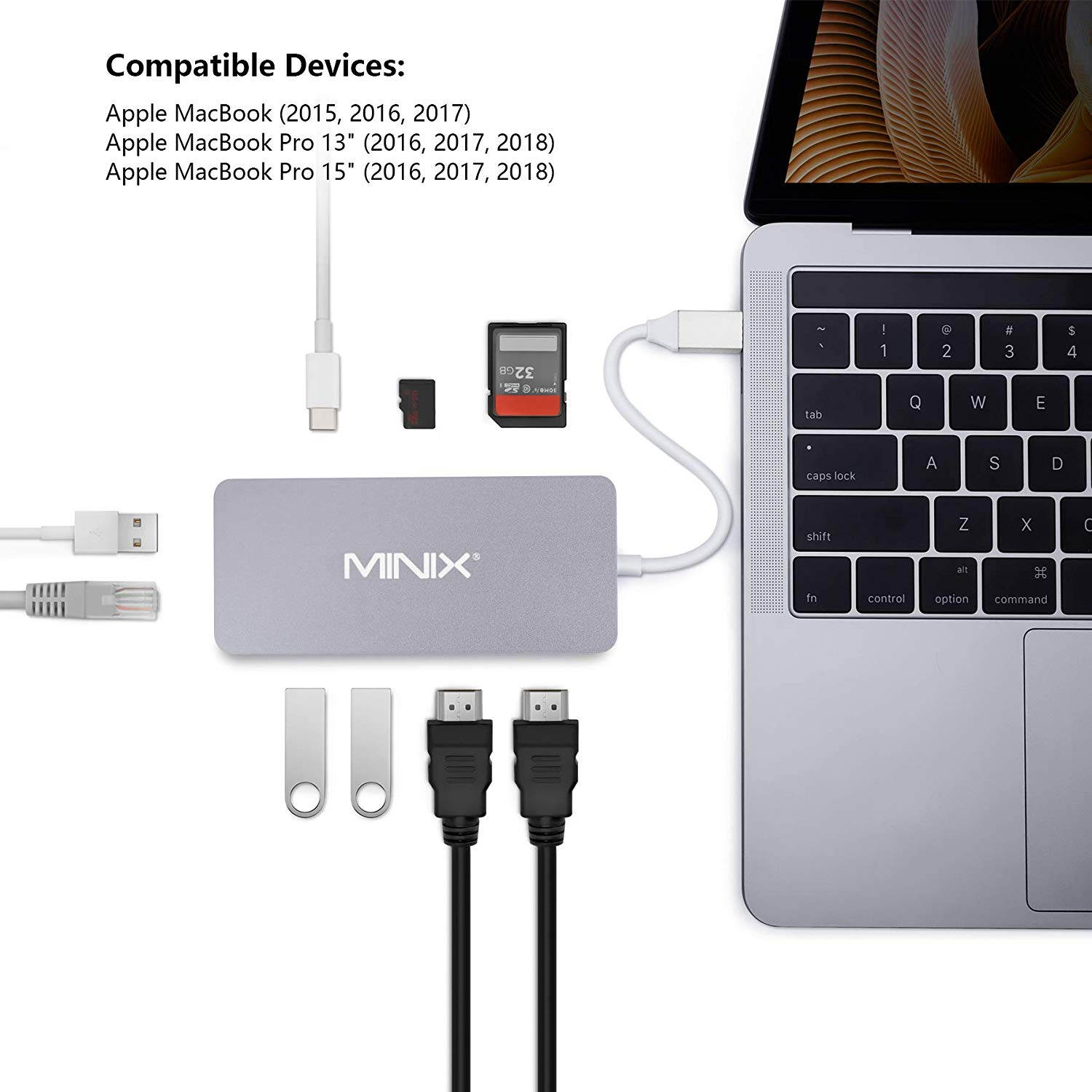 MINIX USB-C Hub Multiport Adapter with Dual HDMI Output, 4K Adapter, 3 USB 3.0 Ports, Gigabit Ethernet Port,USB-C Charging Port, Micro SD/SD Card Readers for Apple MacBook/MacBook Pro. (Silver)
