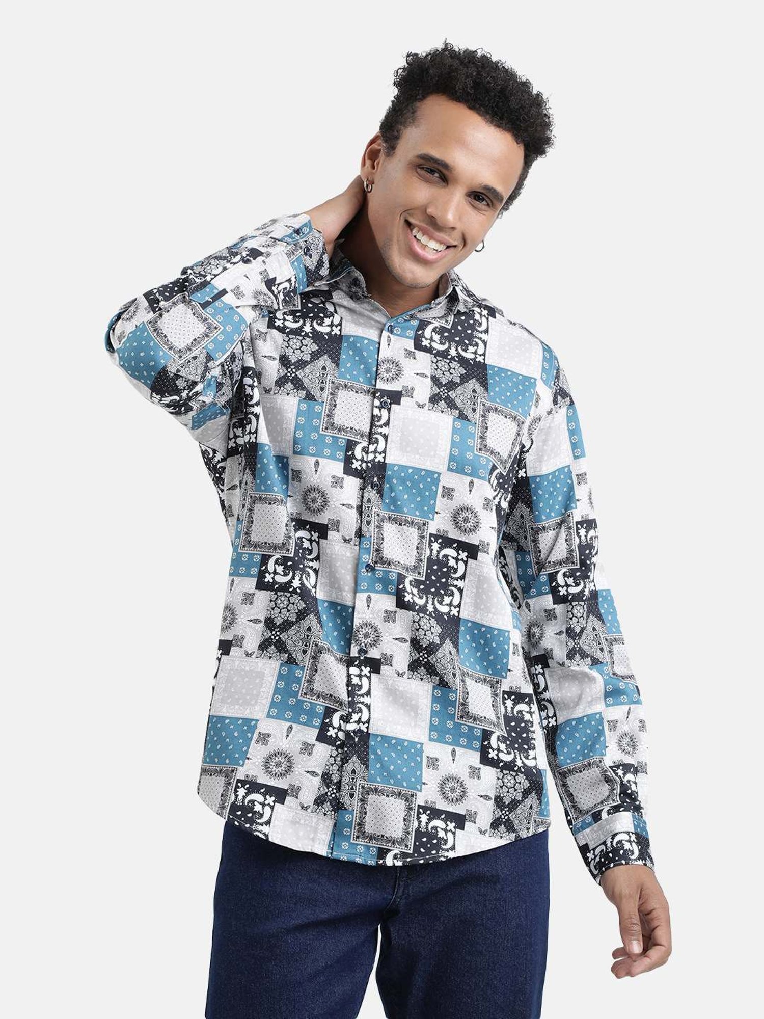 Ivoc Grey & White Cotton Regular Fit Printed Shirt