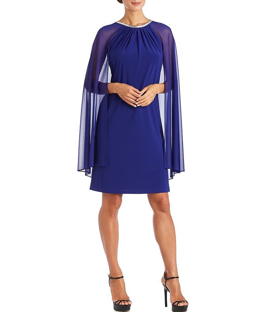 R & M Richards Petite Size Jewel Neck Capelet Sleeve Chiffon Dress