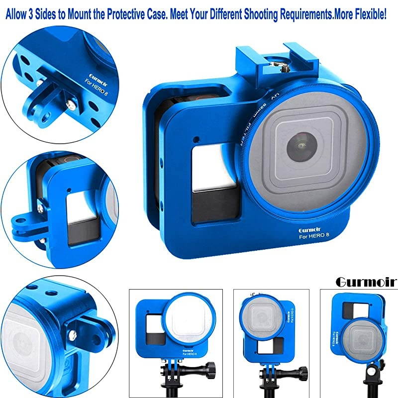 Case Aluminum Alloy Back Door Housing Frame for Gopro Hero 8 Black Action Camera Wire connectable Protective Metal Side Open Shell with 52mm UV Filterfor Gopro Hero 8 Blue