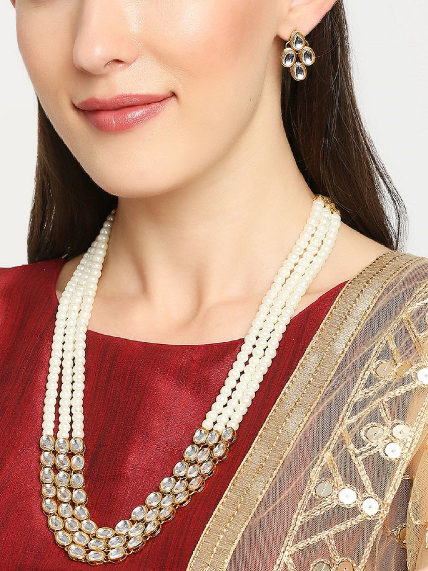 OOMPH White Pearls & Kundan Ethnic Mala Long Necklace Set with Drop Earrings