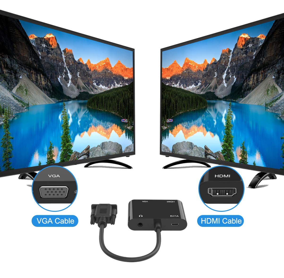 VGA to HDMI VGA Adapter, Onten VGA Splitter 1 VGA in HDMI VGA 2 Out (VGA HDMI Interface Display at The Same time), VGA to HDMI VGA Adapter for Computer, Desktop, Laptop, PC, Monitor, Projector