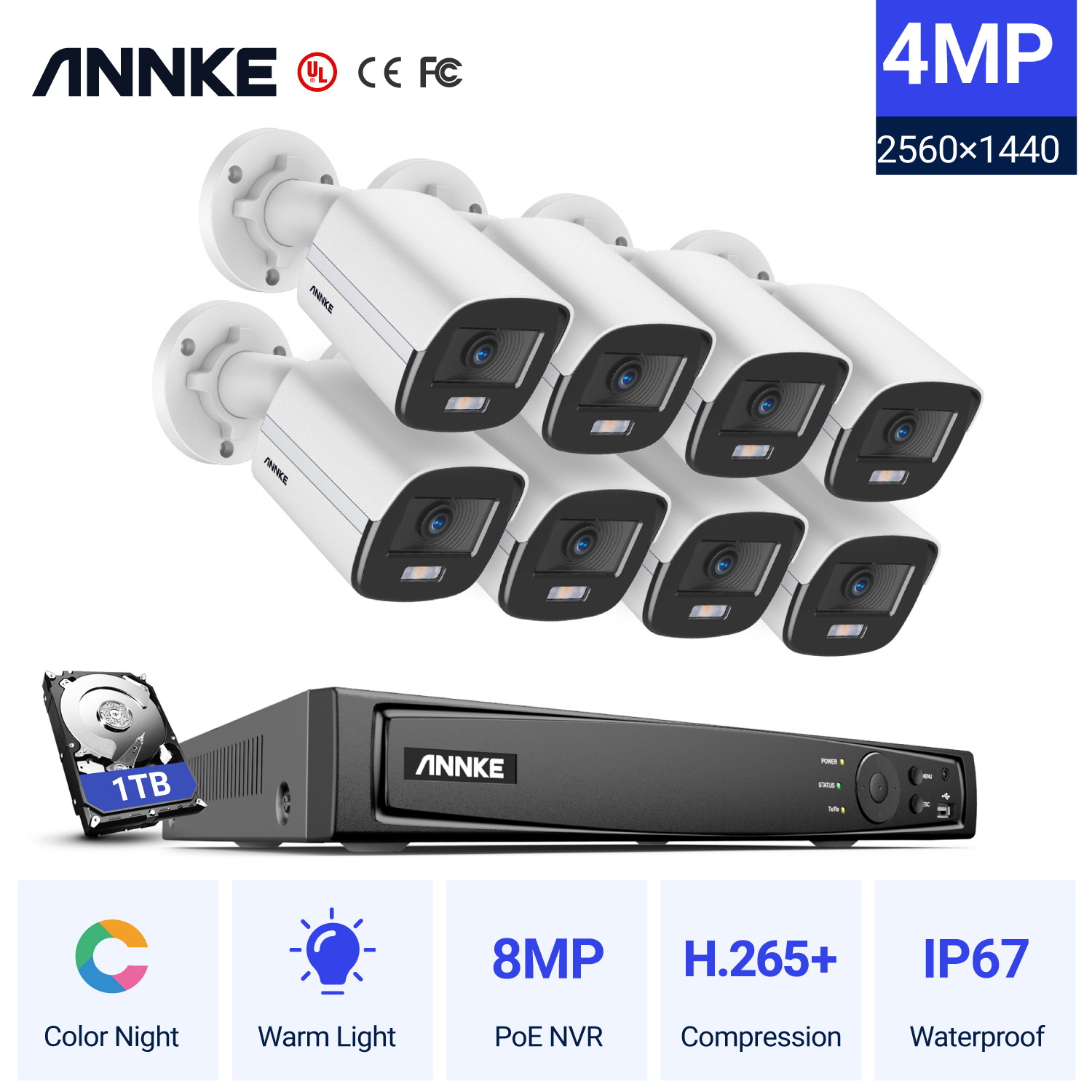 ANNKE 4K Ultra HD PoE NVR System with 4MP Super HD True Full Color Night Vision H.265+ Network PoE Bullet IP Security Cameras for Outdoor Indoor Business Home CCTV Surveillance 8 Cameras - 1TB HDD