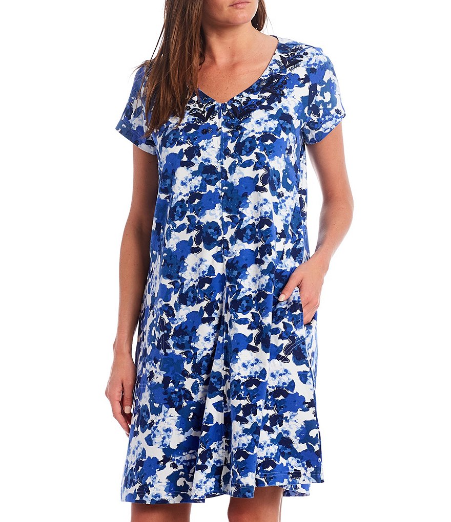 Go Softly Watercolor Floral Printed Knit Zip-Front Patio Dress