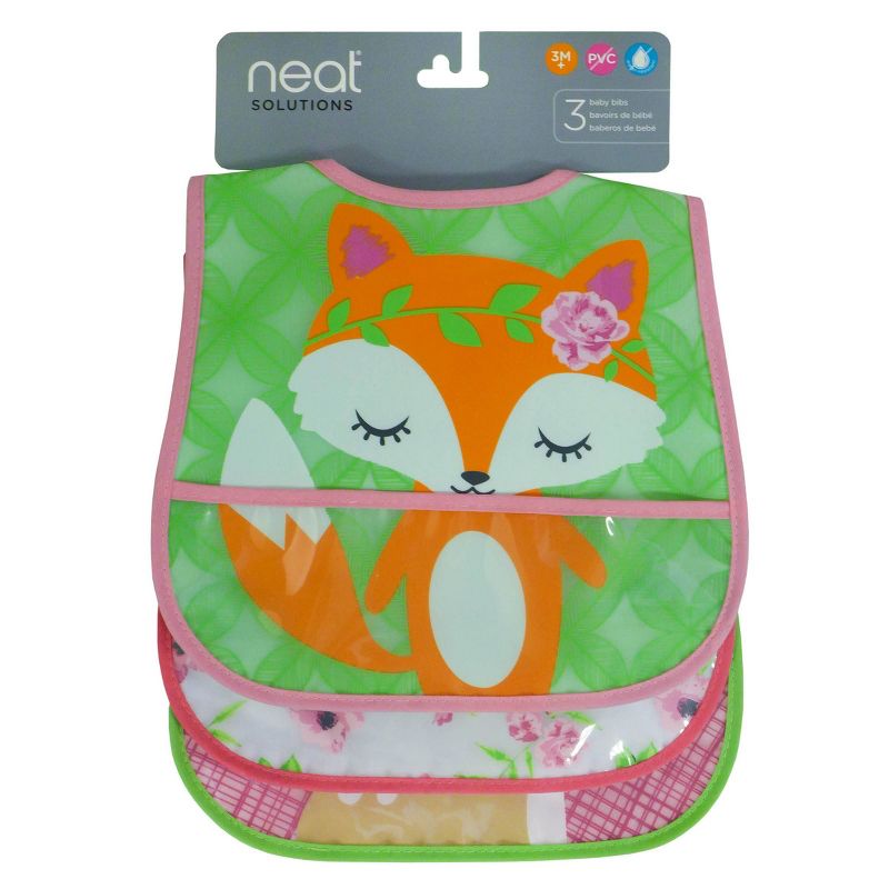 Neat Solutions Girl Printed Translucent Peva/Knit Terry Bib Set - Fox-Floral-Deer - 3pk