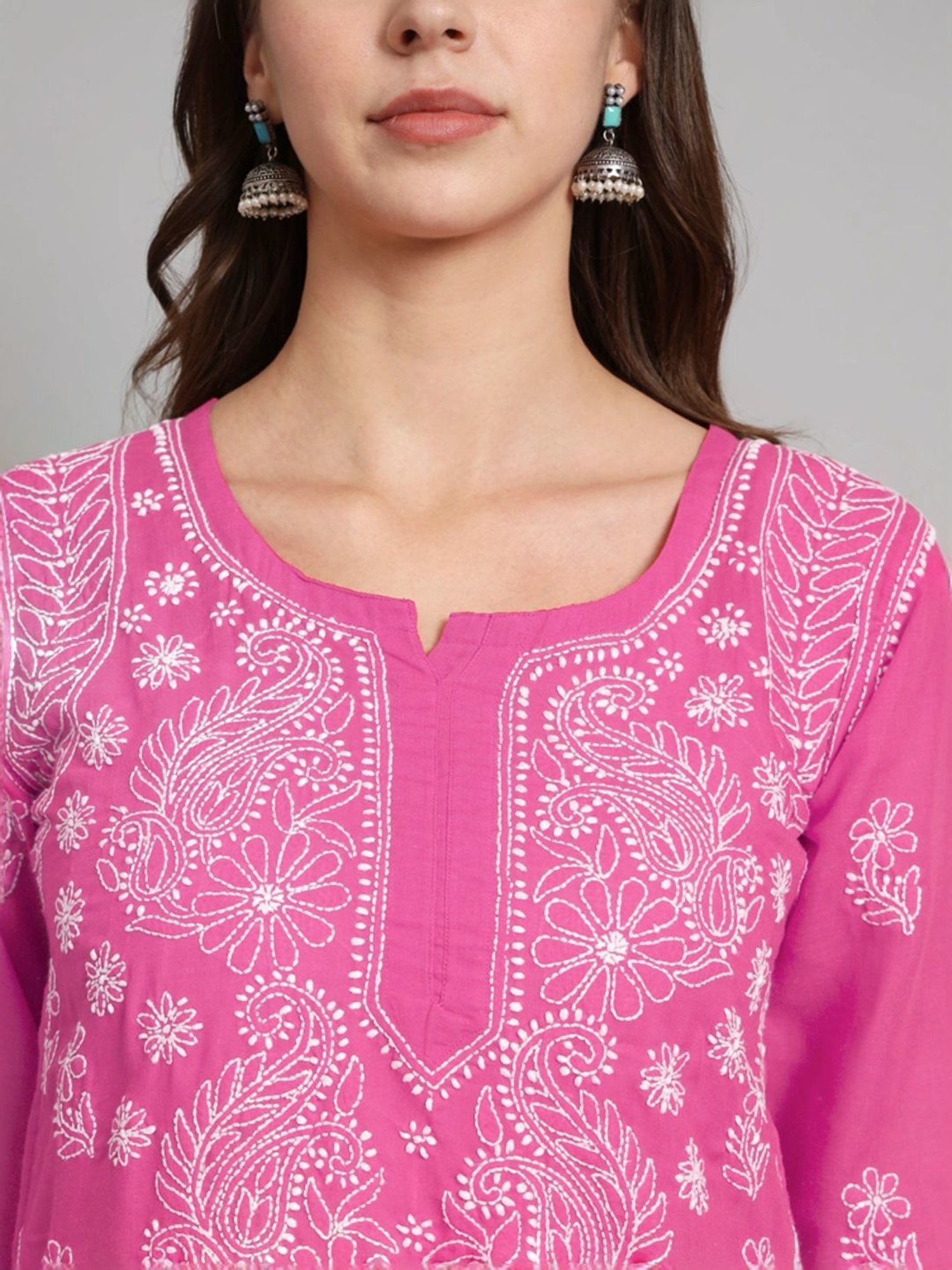 PARAMOUNT CHIKAN Hot Pink Cotton Hand Embroidered Chikankari Straight Kurti