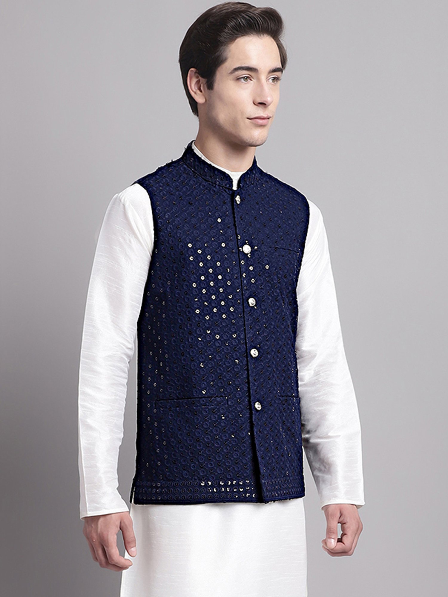 Jompers Navy Regular Fit Embroidered Nehru Jacket