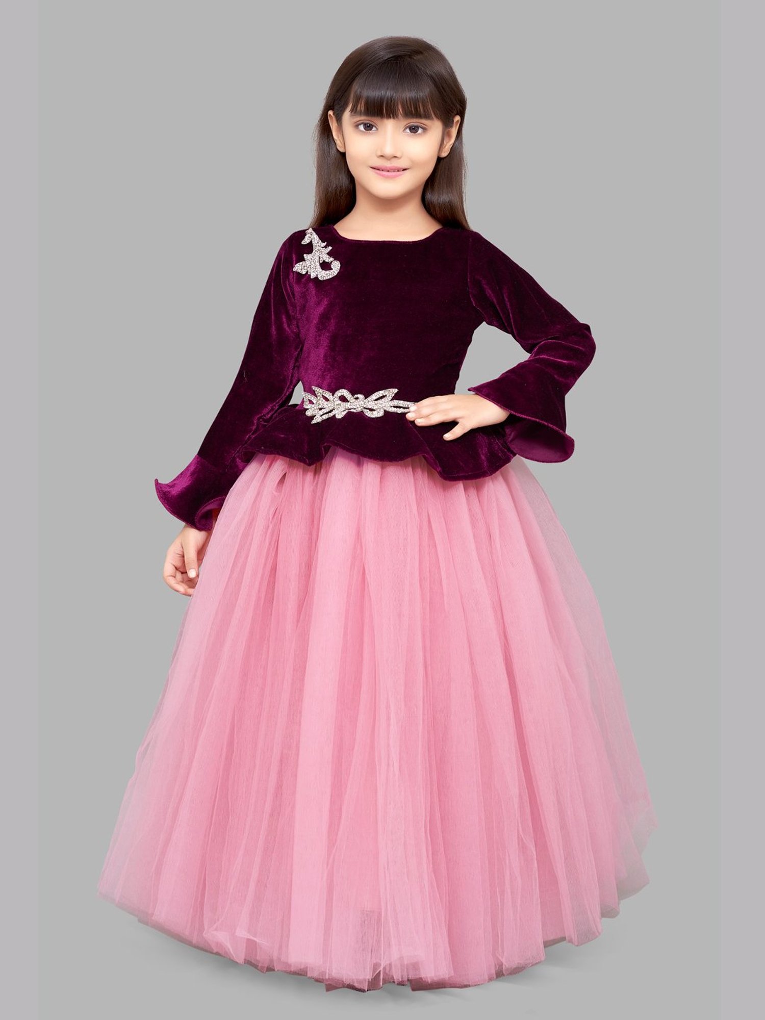 Pink Chick Kids Burgundy & Pink Solid  Full Sleeves Gown
