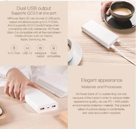 Original Xiaomi Power Bank QC3.0 Powerbank 20000 mAh Power Bank Portable Charger Dual USB Quick Charge For iPhone Sumsung