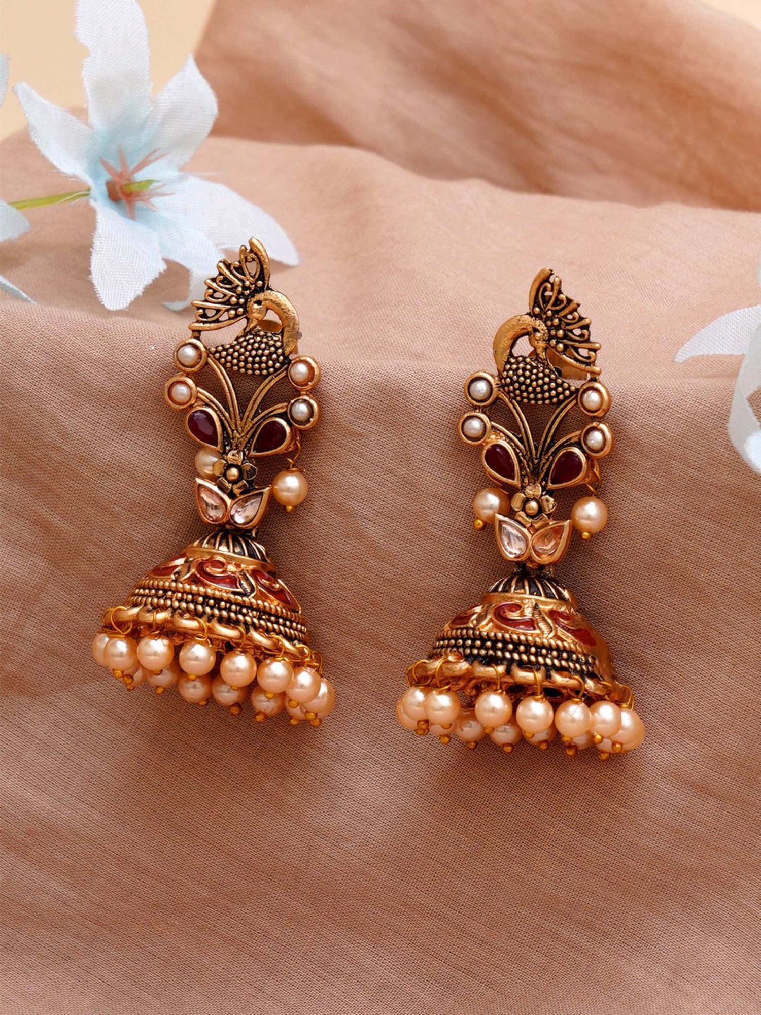 Karatcart Gold-Plated Maroon Stone Jhumki Earrings