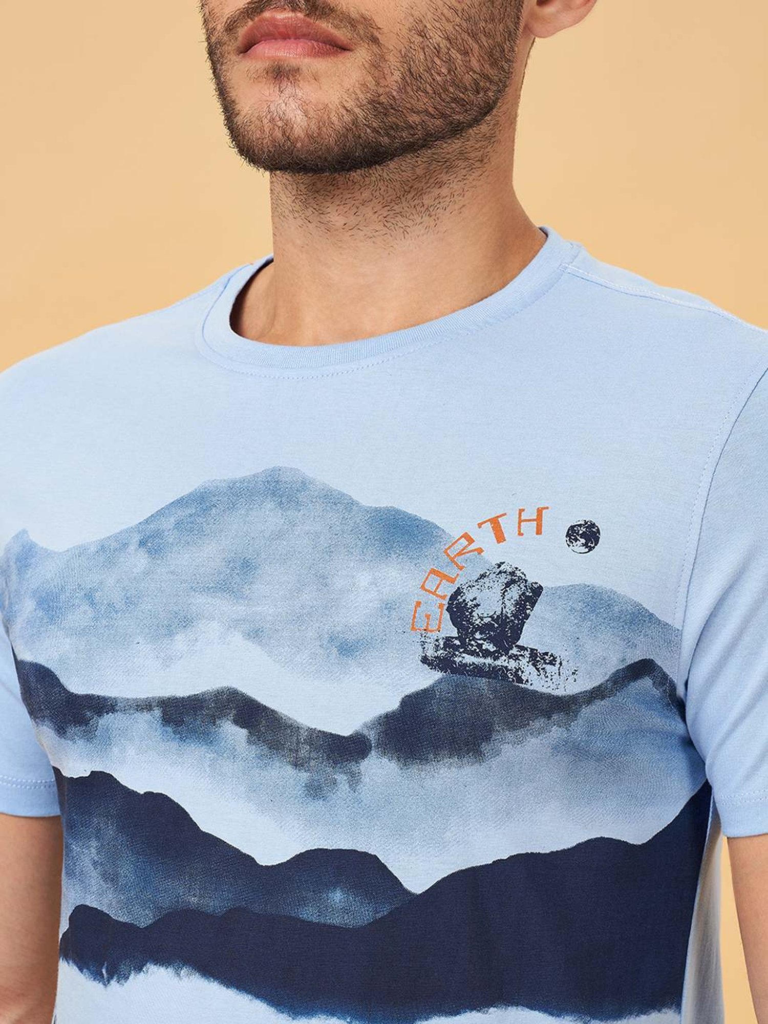 Urban Ranger by Pantaloons Sky Blue Cotton Slim Fit Printed T-Shirt