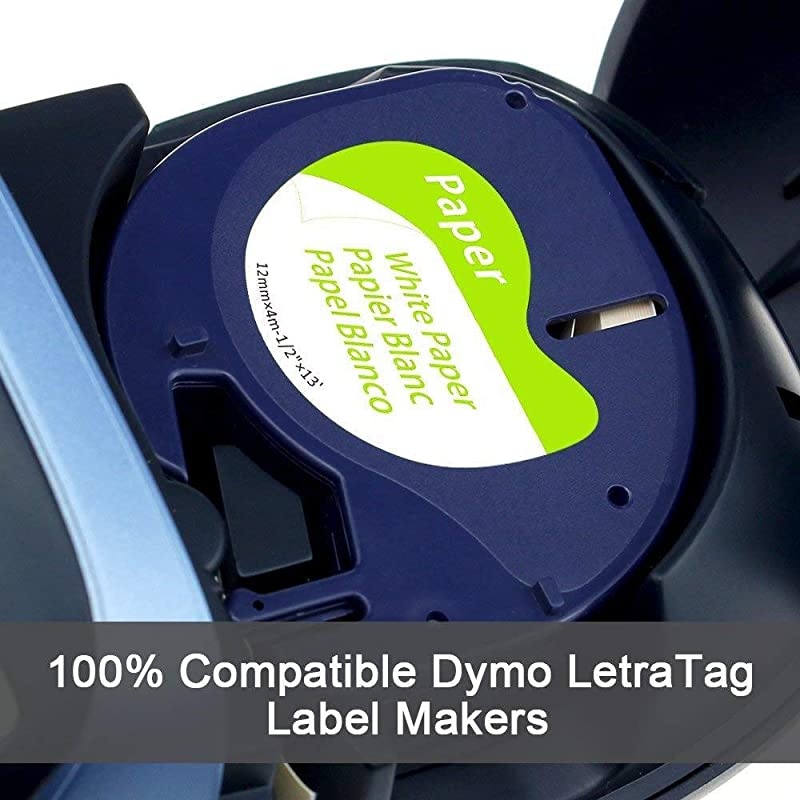 Compatible Label Tape Replacement for Dymo LetraTag 9133010697 Refills Black on White Paper 12 Inch x 13 Feet 12mm x 4m Labeling Tapes for Label Makers LT100H LT100T LT110T XR XM 5Pack