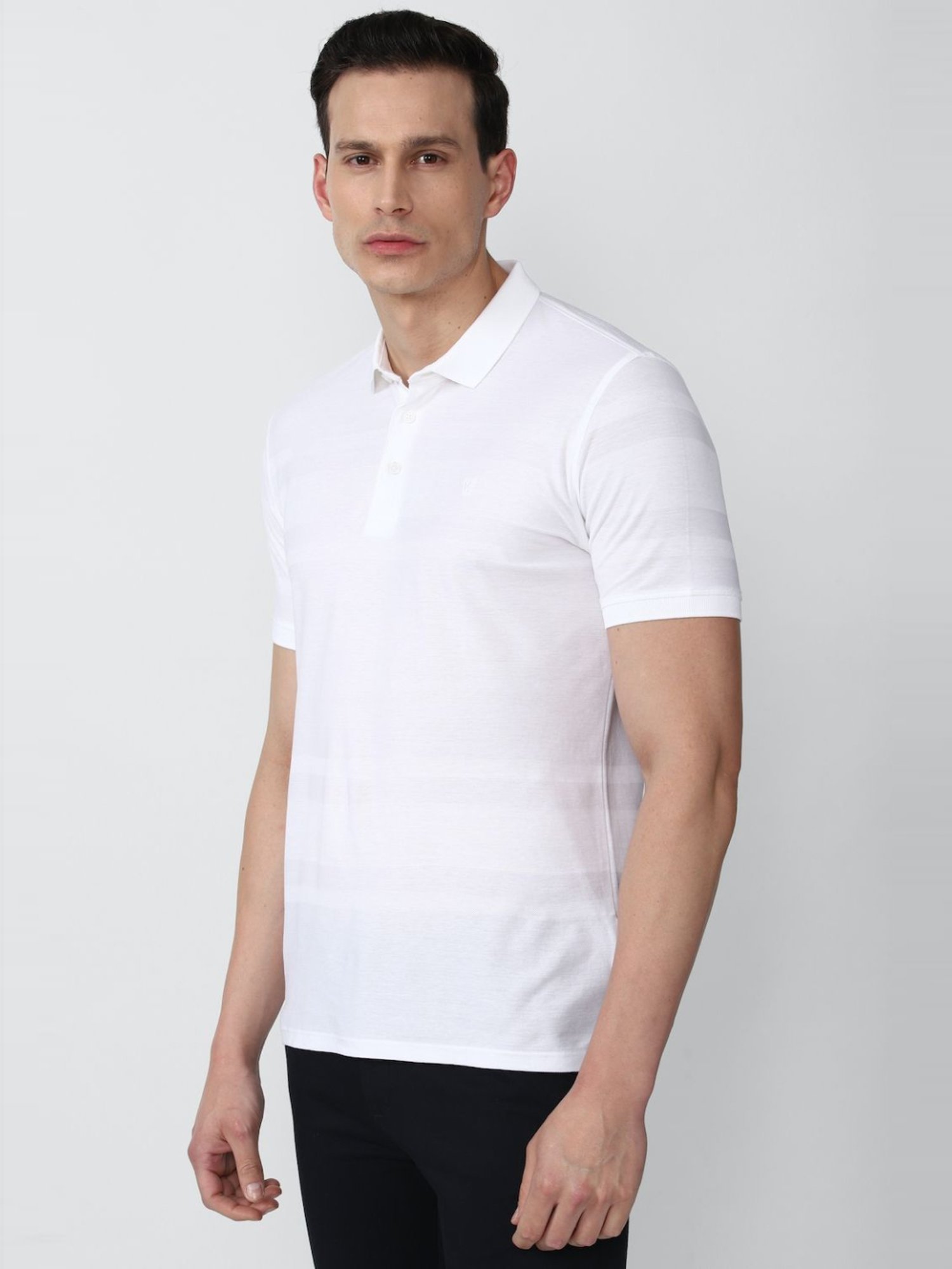 V Dot White Cotton Slim Fit Striped Polo T-Shirt