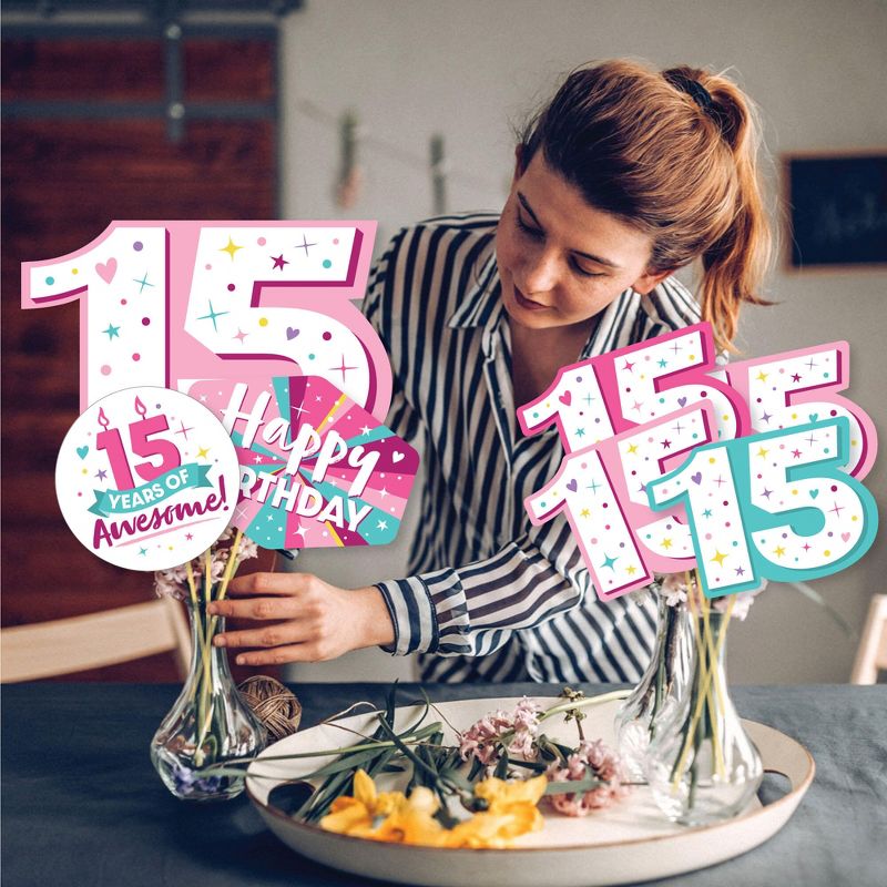 Big Dot of Happiness Girl 15th Birthday - Teen Birthday Party Centerpiece Sticks - Showstopper Table Toppers - 35 Pieces