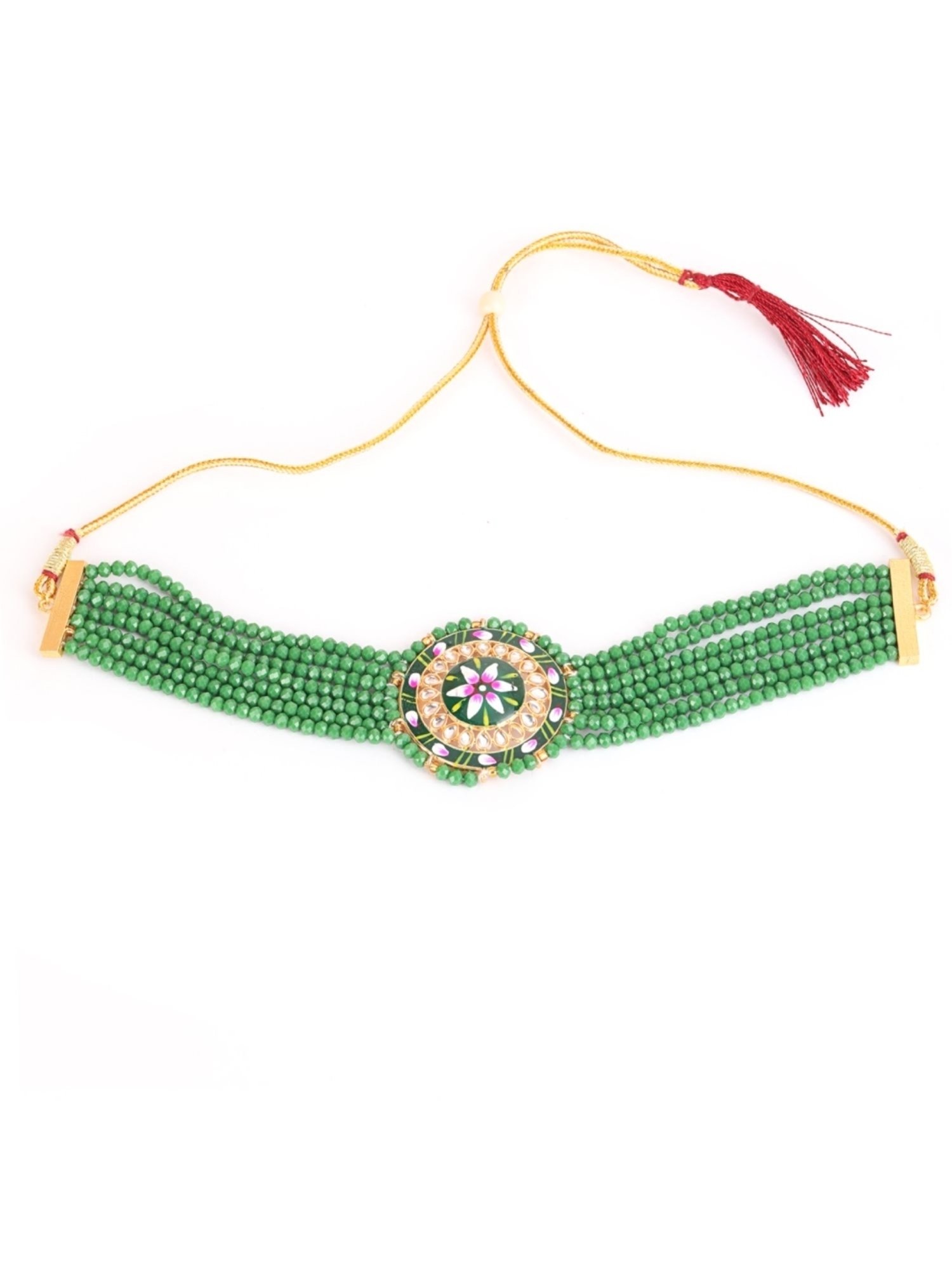 Aatmana Kundan-Studded & Green Beaded Handcrafted Floral Meenakari Necklace Set