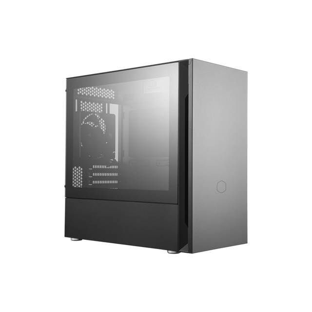 cooler master silencio s400 matx tower w/sounddampening material, sounddampened steel side panel, reversible front panel, sd card reader, and 2x 120mm pwm silencio fp fans