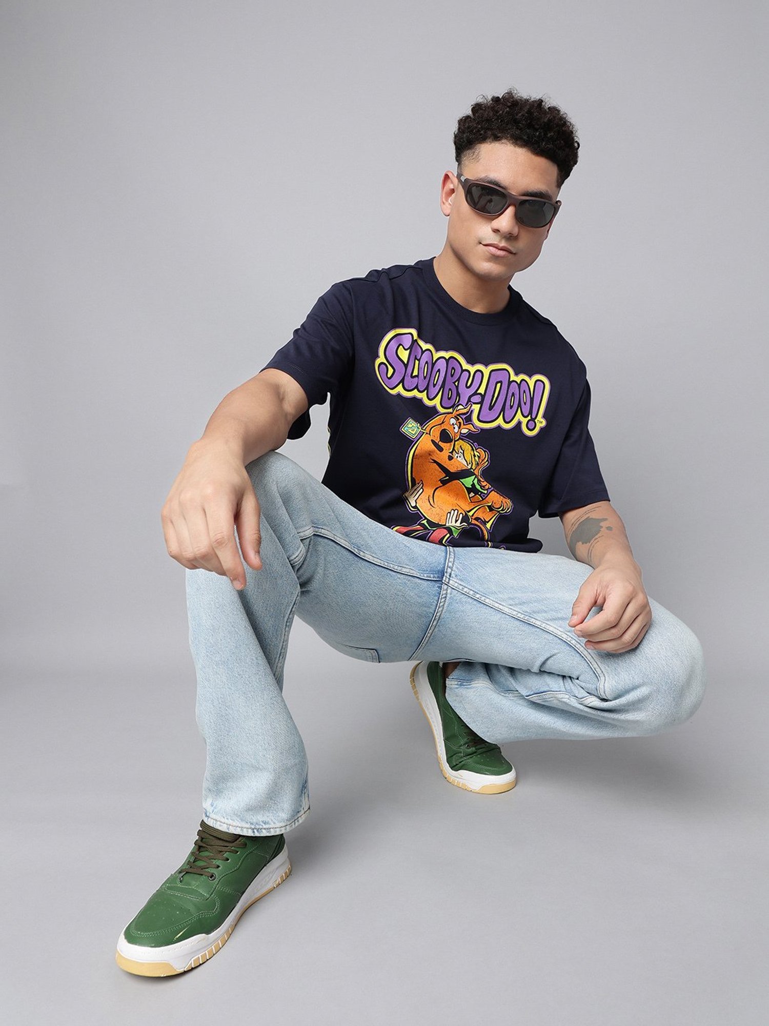 Free Authority Navy Blue Cotton Oversized Printed T-Shirt