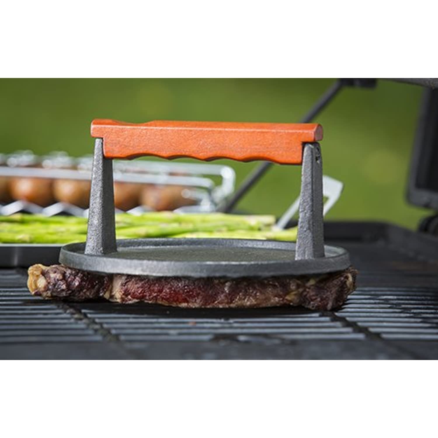 TableCraft BBQ3015 BBQ Coated Cast Iron 7-Inch Round Steak Weight with Wood Handle, Small, Black