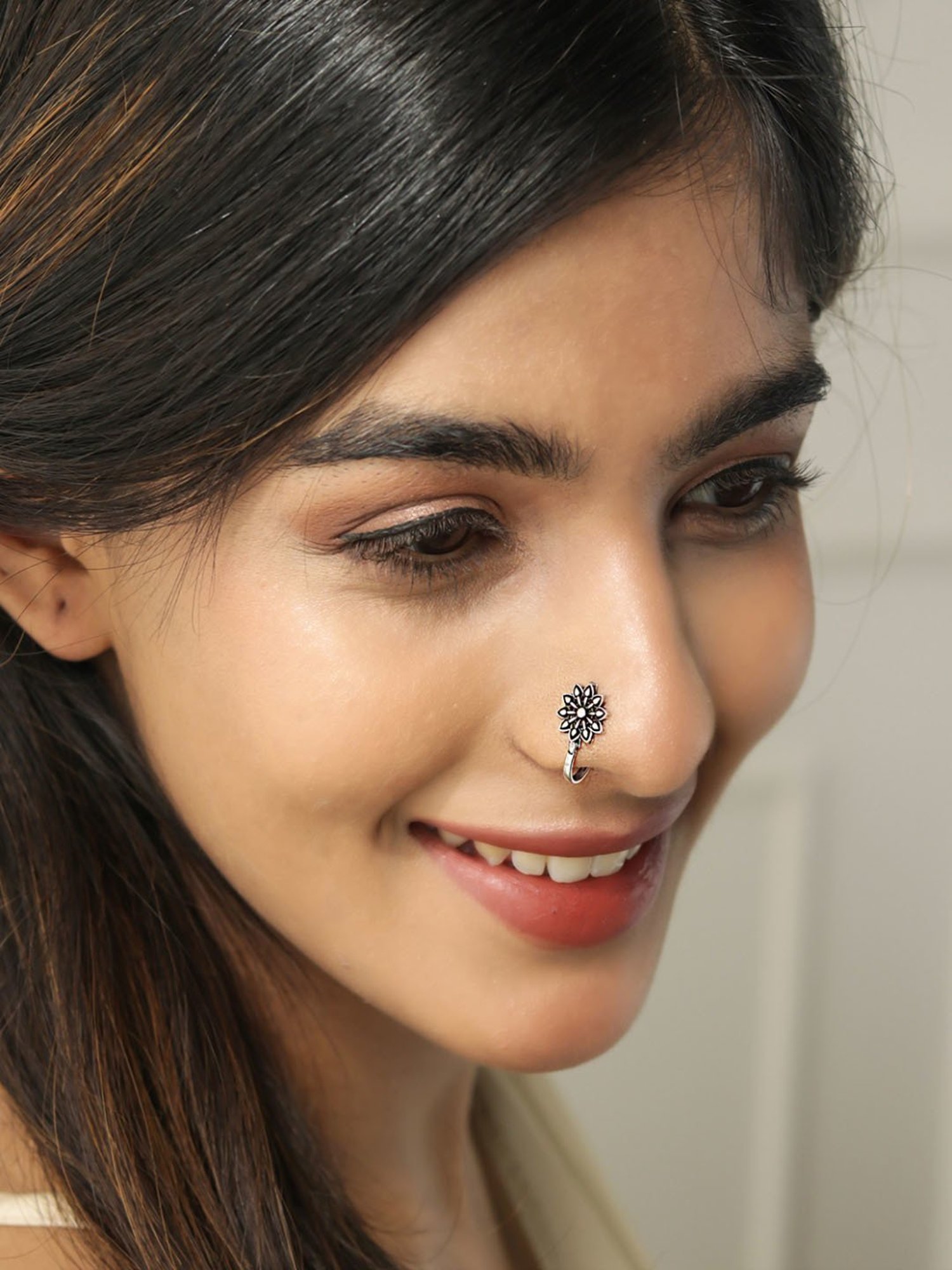 Fida Stones Silver-Plated Oxidised Floral Tribal Nosepins for Women - Set of 6