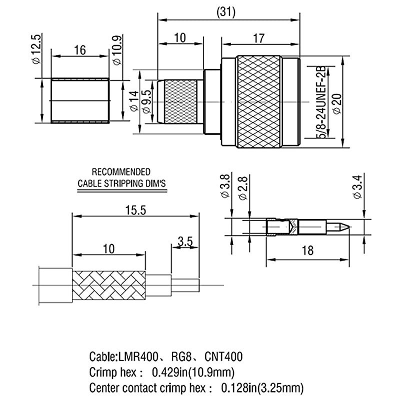 of 10 N Male Plug Crimp Rf Coaxial Connector 50 ohm for LMR400 Belden 9913 RG8 Nickel Machined Brass Construction (10 Piece N Male for lmr400)