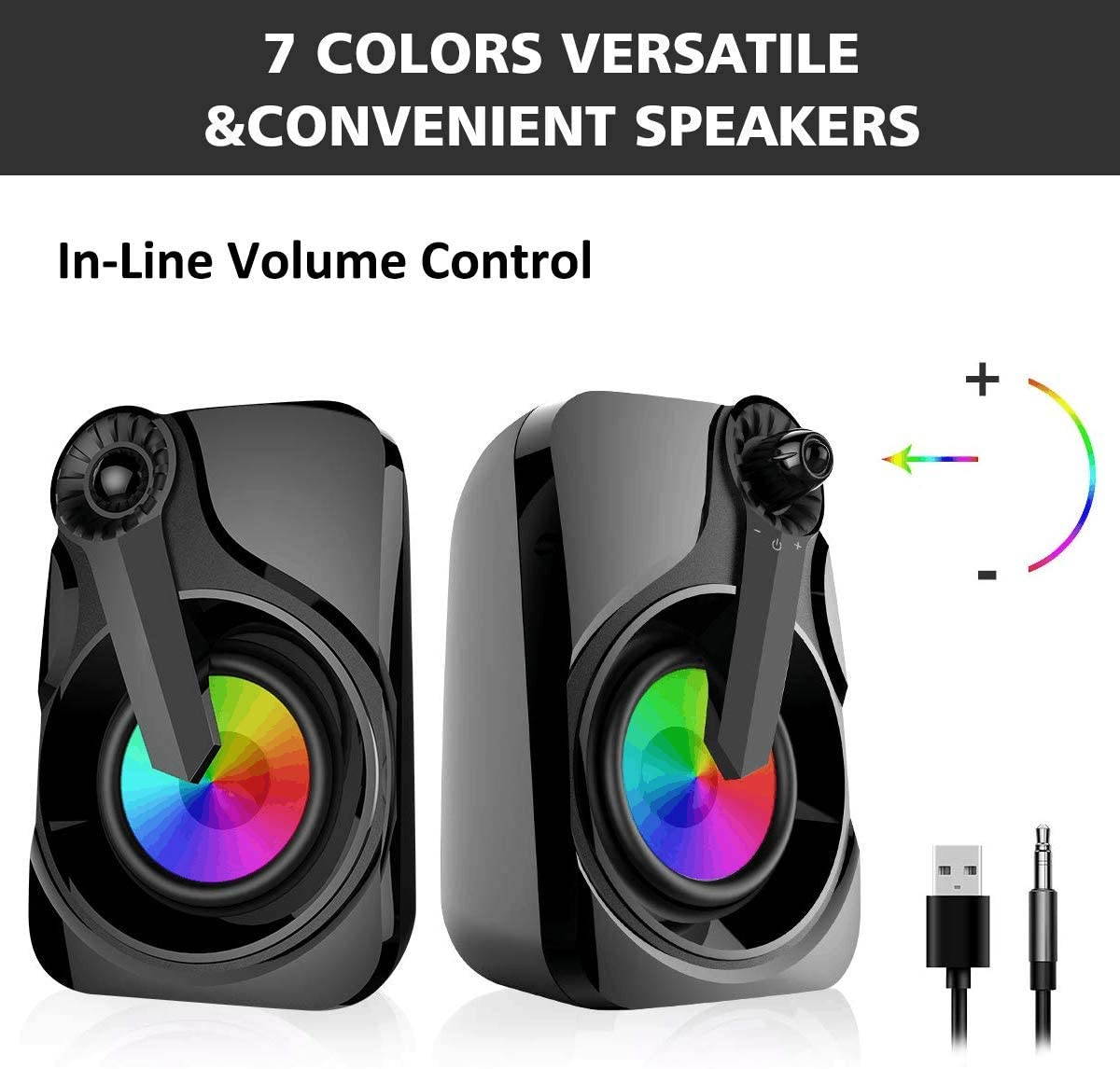 Computer Speaker,  Maboo Soundbar USB Powered with LED Light for Computer Desktop Laptop PC, Smartphone, TV Black (Colorful Speakers)