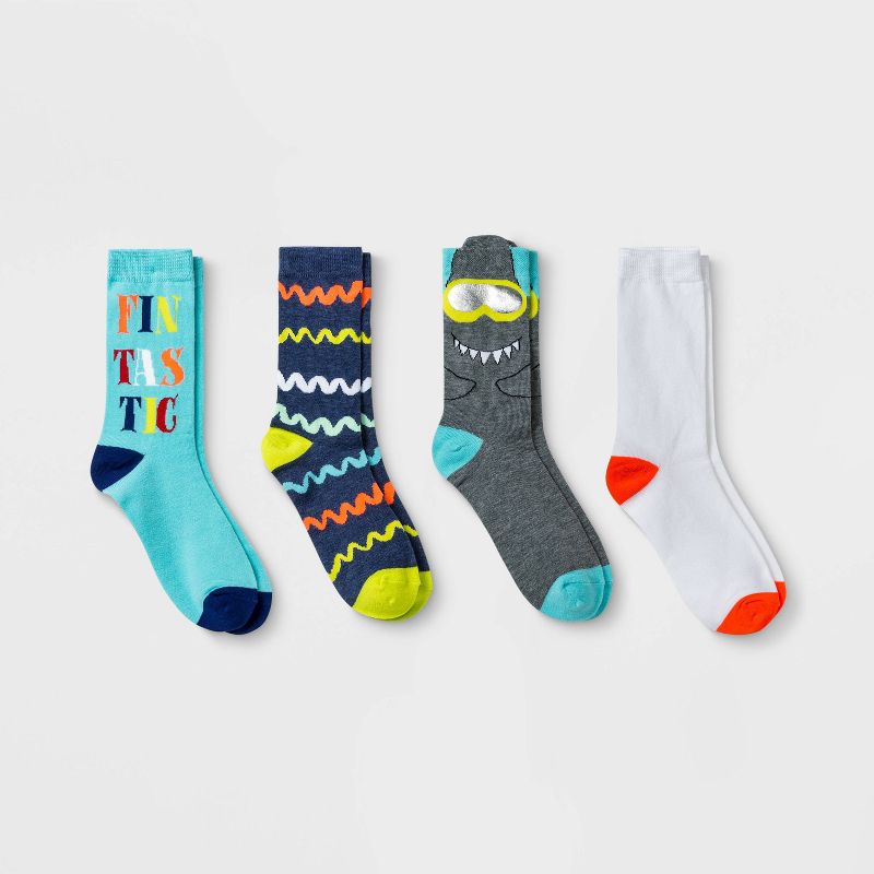 Boys' 4pk Shark Print Crew Socks - Cat & Jack™ M