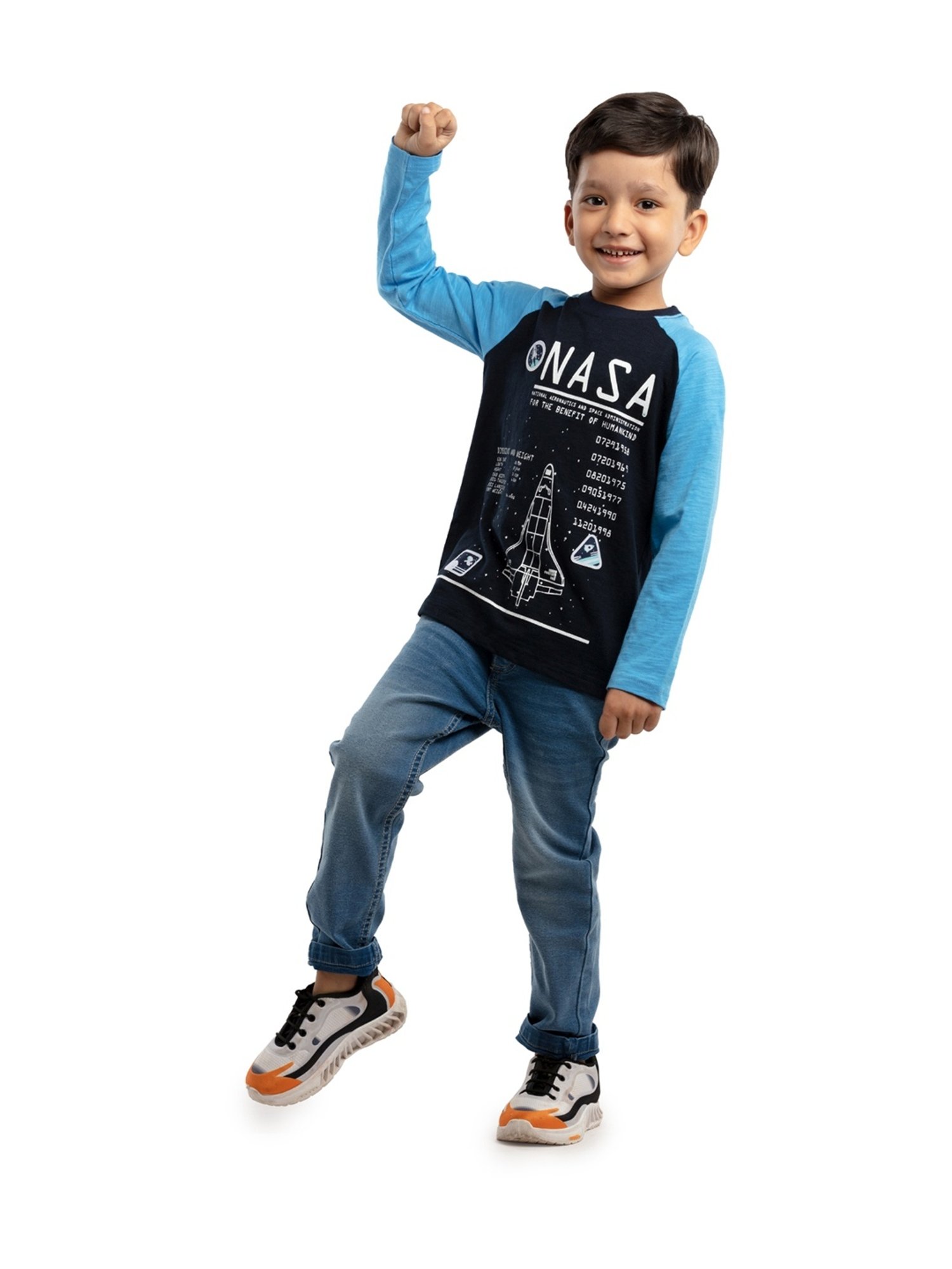 Under Fourteen Only Kids Navy Cotton Printed Full Sleeves T-Shirt