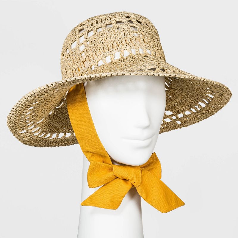 Women's Woven Cane Straw Bucket Hat with Ties - Universal Thread™ Natural One Size