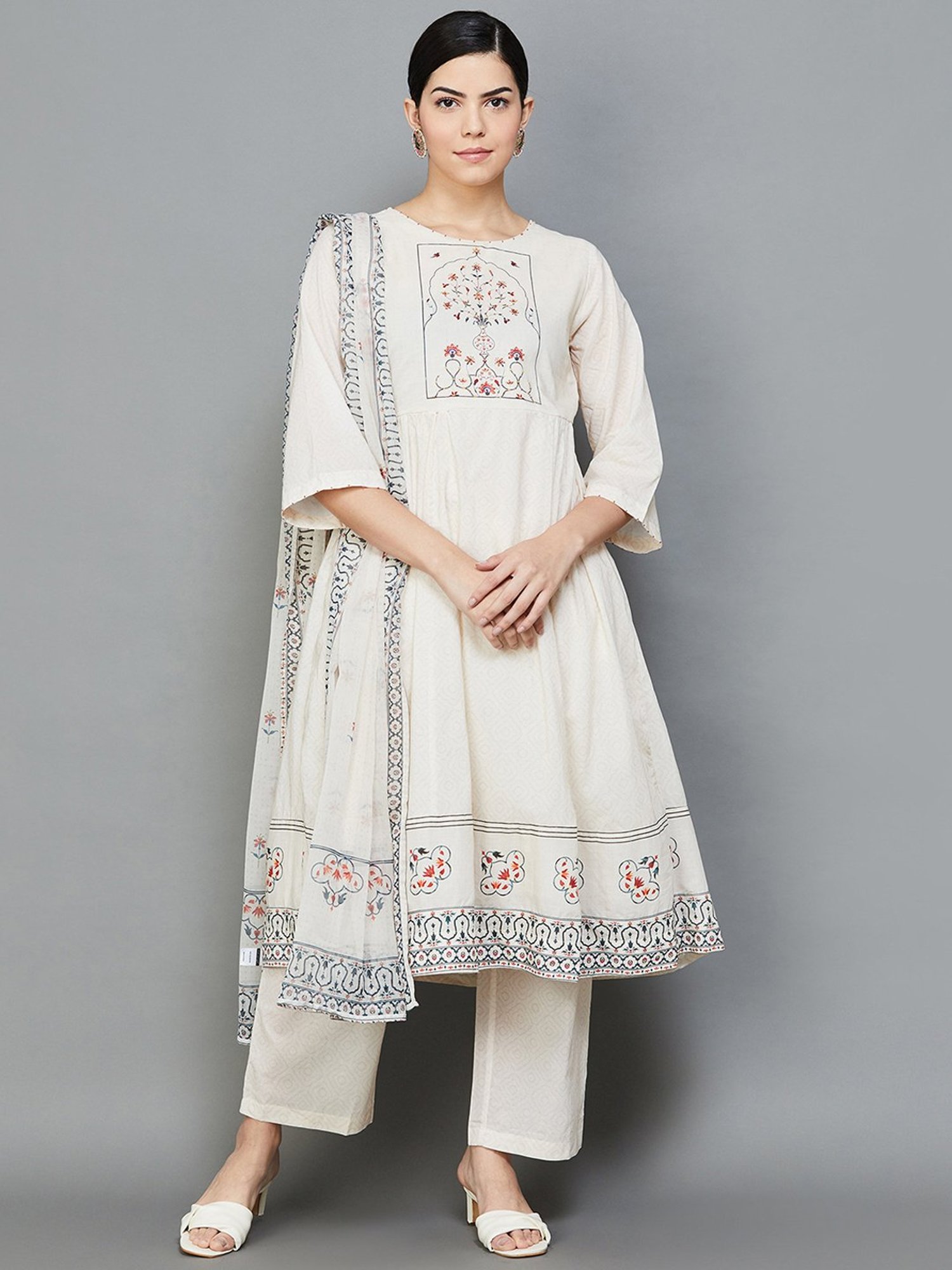 Melange by Lifestyle Off-White Cotton Floral Print Kurta Pant Set With Dupatta